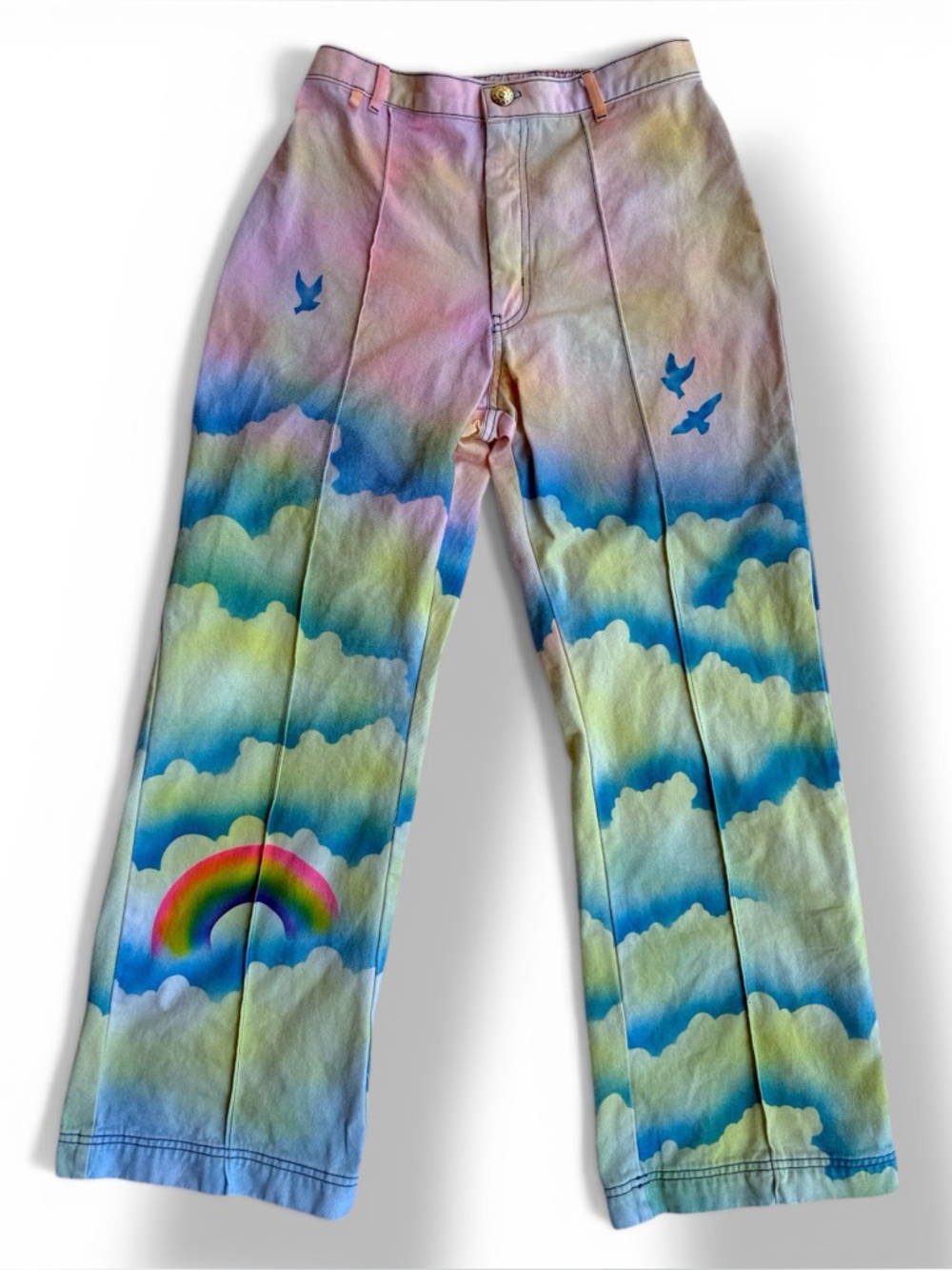 Big Bud Press Pants Western RARE USA Candy Clouds birds rainbow‎ -high waist S M